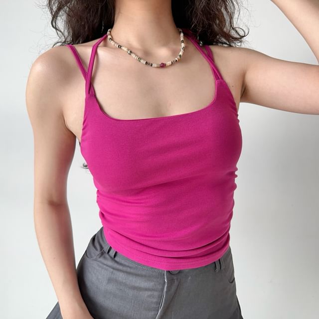Sinora-Scoop Neck Plain Strappy Camisole Top