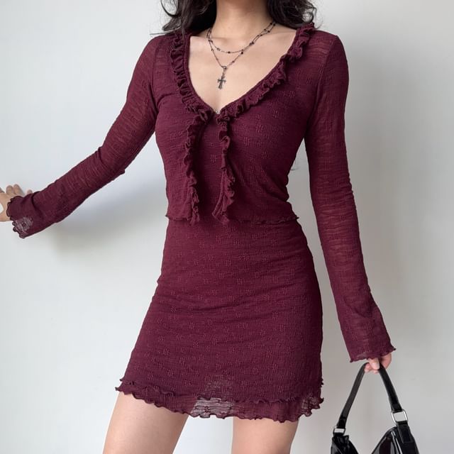 Sinora-Set V-Neck Plain Ruffle Trim Cardigan Spaghetti Strap Plain Mini A-Line Dress