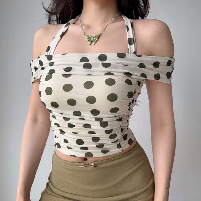 Sinora-Short-Sleeve Cold-Shoulder Polka Dot Crop Top