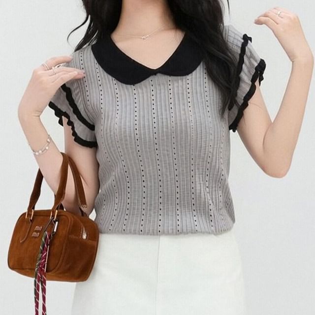 Sinora-Short-Sleeve Collar Plain Contrast Trim Knit Top