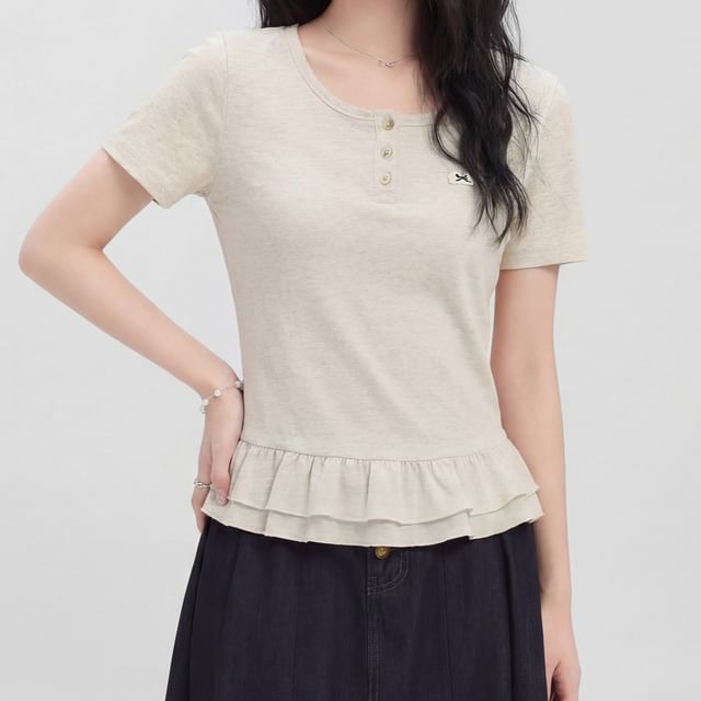 Sinora-Short-Sleeve Crewneck Henley Plain Blouse