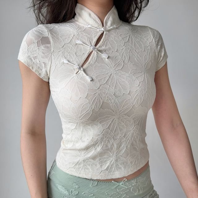Sinora-Short Sleeve Mandarin Collar Plain Lace Top