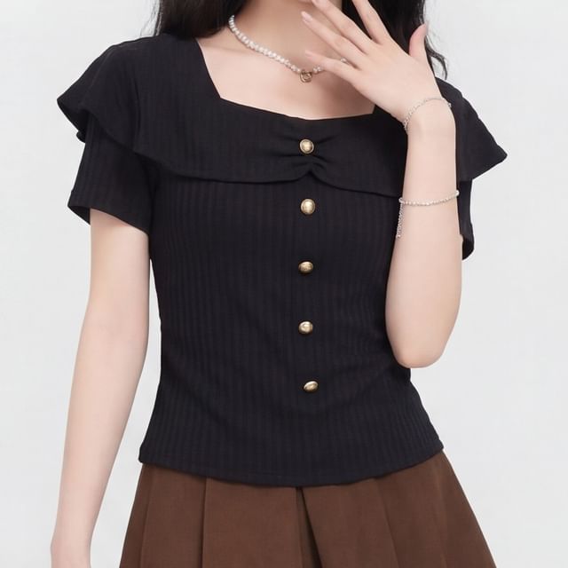 Sinora-Short-Sleeve Square Neck Plain Ruffle T-Shirt