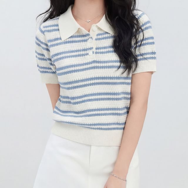 Sinora-Short-Sleeve Striped Knit Polo Top