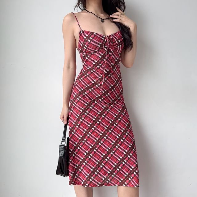 Sinora-Spaghetti Strap Plaid Midi A-Line Dress