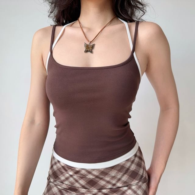 Sinora-Spaghetti Strap Scoop Neck Contrast Trim Camisole Top