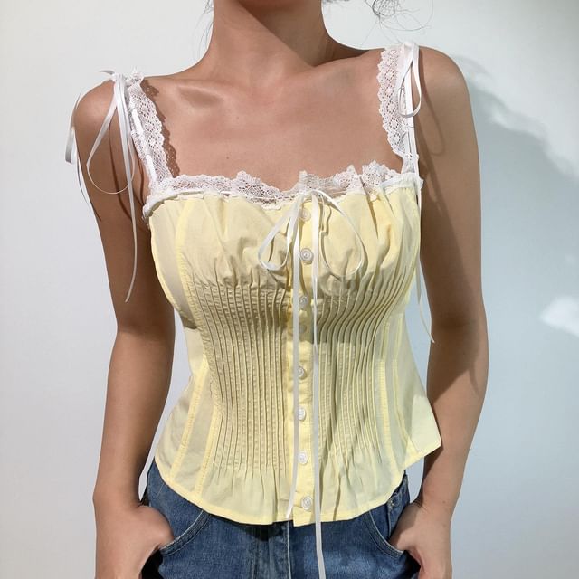 Sinora-Square Neck Lace Panel Pintuck Button-Up Crop Camisole Top