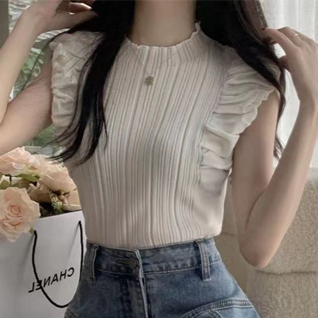 Sisyphi-Cap-Sleeve Round Neck Plain Ribbed Knit Top