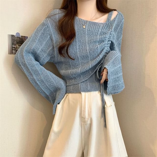Sisyphi-Cold Shoulder Plain Drawstring Ribbed Knit Sweater Knit Camisole Top