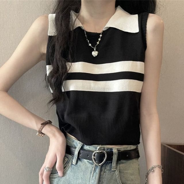 Sisyphi-Collar Two Tone Knit Tank Top