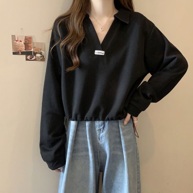 Sisyphi-Collared V-Neck Plain Crop Sweatshirt