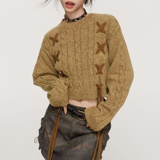 Sisyphi-Crew Neck Plain Lace-Up Cropped Sweater