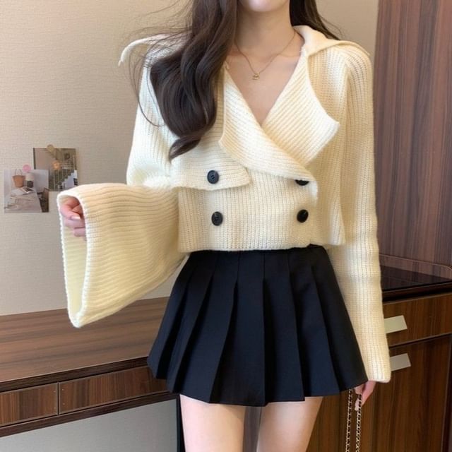 Sisyphi-Double Breasted Plain Crop Cardigan