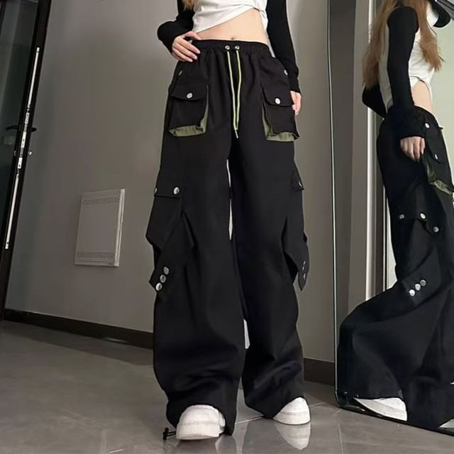 Sisyphi-Drawstring Waist Plain Baggy Cargo Pants