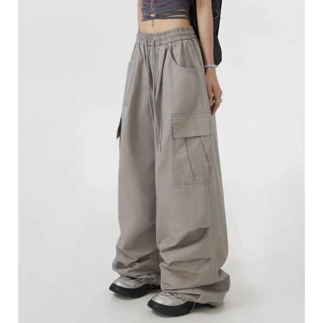 Sisyphi-Drawstring Waist Plain Baggy Cargo Pants