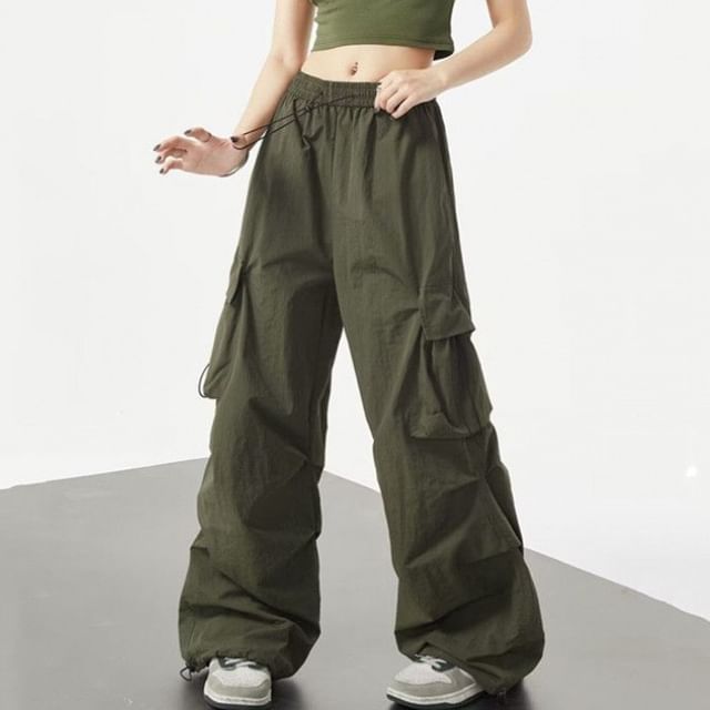 Sisyphi-Drawstring Waist Plain Baggy Cargo Pants