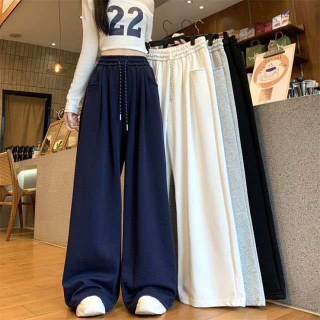 Sisyphi-Drawstring Waist Plain Baggy Sweatpants