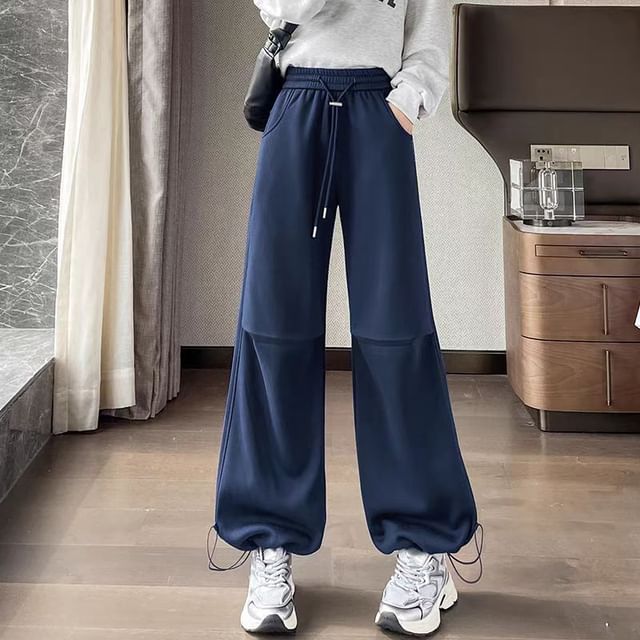 Sisyphi-Drawstring Waist Plain Baggy Sweatpants