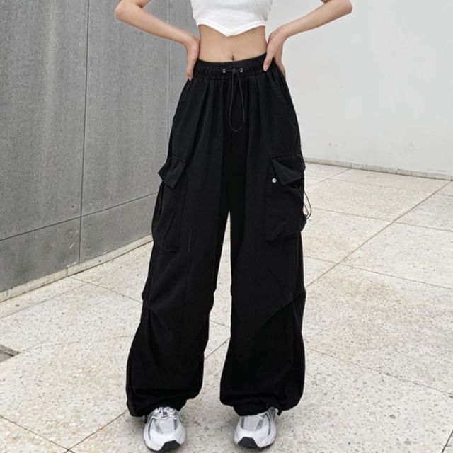 Sisyphi-Drawstring Waist Plain Cargo Wide Leg Pants