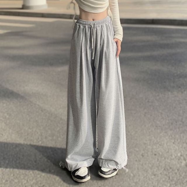 Sisyphi-Drawstring Waist Plain Wide Leg Sweatpants