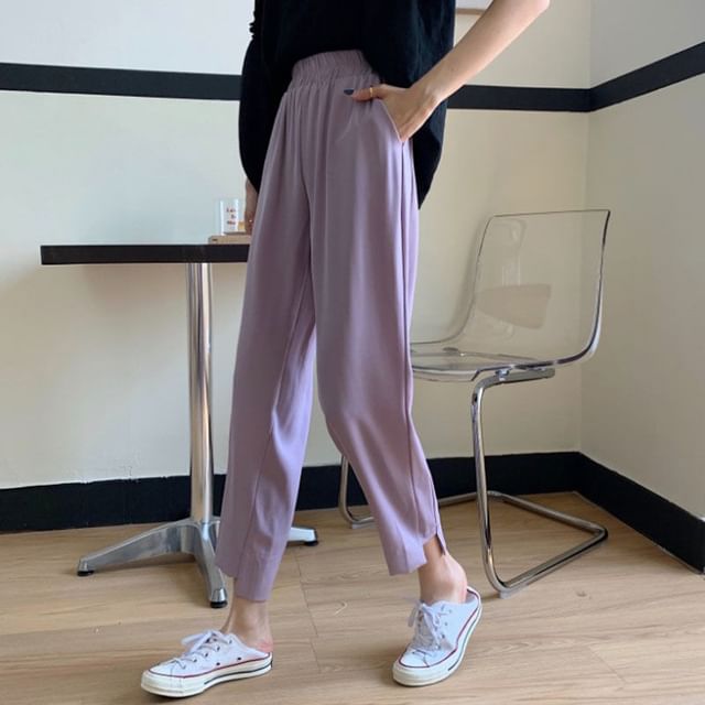 Sisyphi-Elastic Waist Plain Cropped Straight Leg Pants
