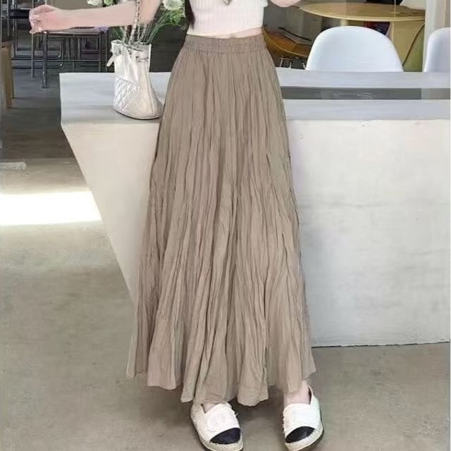 Sisyphi-Elastic Waist Plain Maxi Pleated Skirt