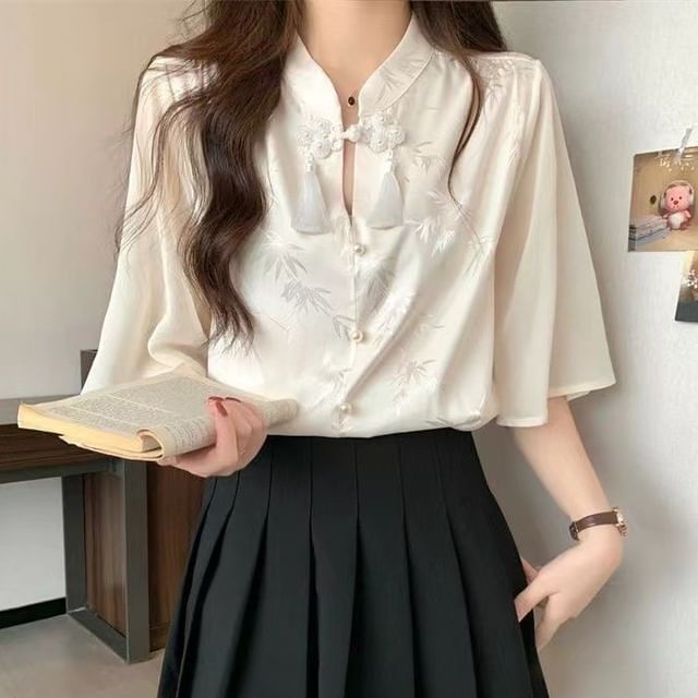 Sisyphi-Elbow-Sleeve Stand Collar Frog Buttoned Top