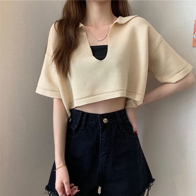 Sisyphi-Elbow-Sleeve V-Neck Plain Crop Knit Top