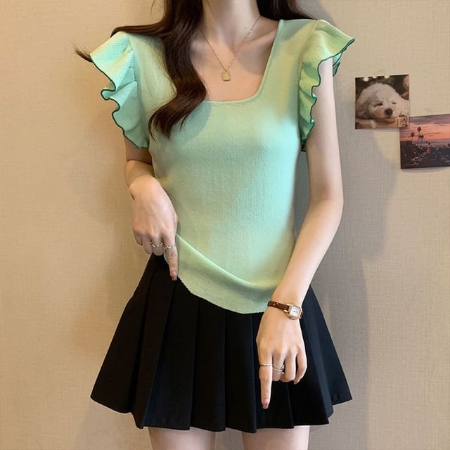Sisyphi-Flutter Sleeve Square Neck Contrast Trim Knit Top