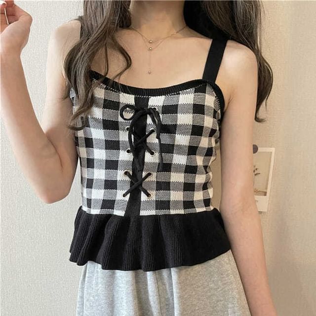 Sisyphi-Gingham Lace-Up Cami Top