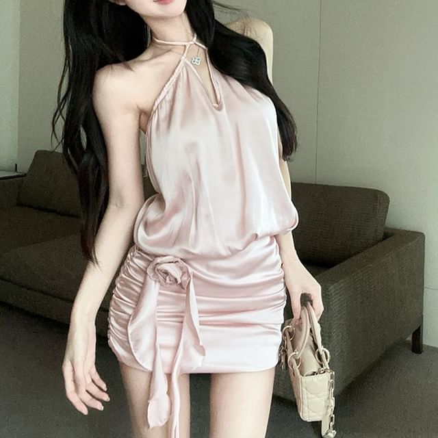 Sisyphi-Halter Neck Plain Flower Accent Ruched Satin Mini Bodycon Dress