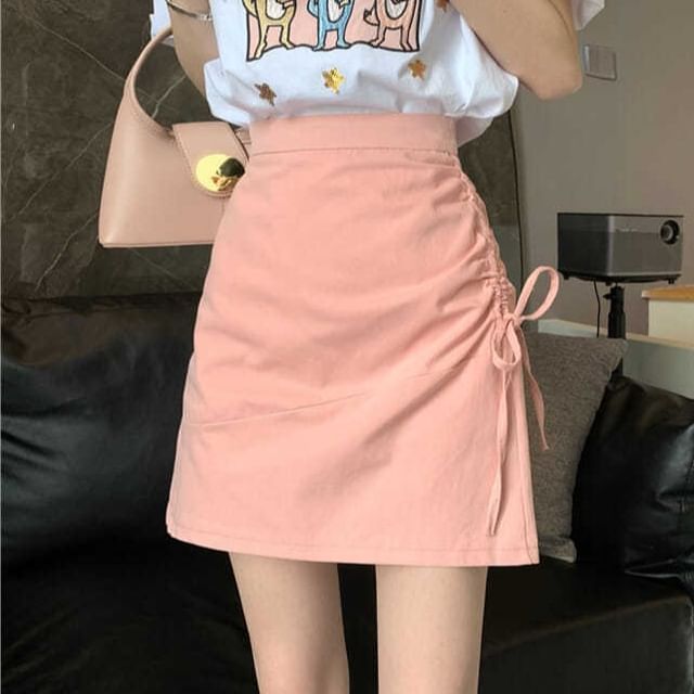 Sisyphi-High Rise Plain Drawstring Mini A-Line Skirt