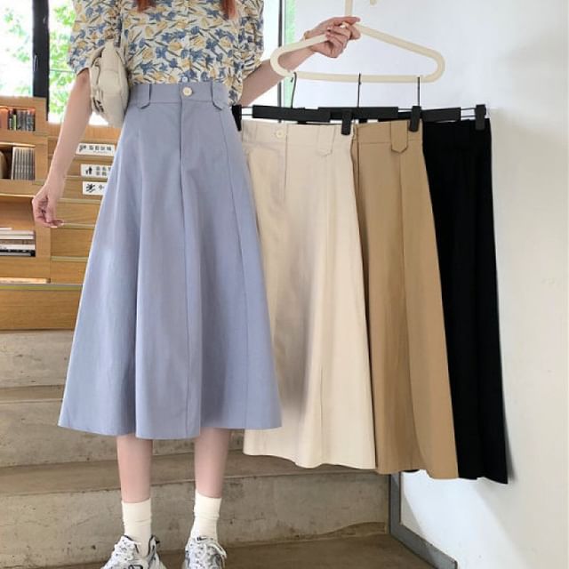 Sisyphi-High Rise Plain Midi A-Line Skirt
