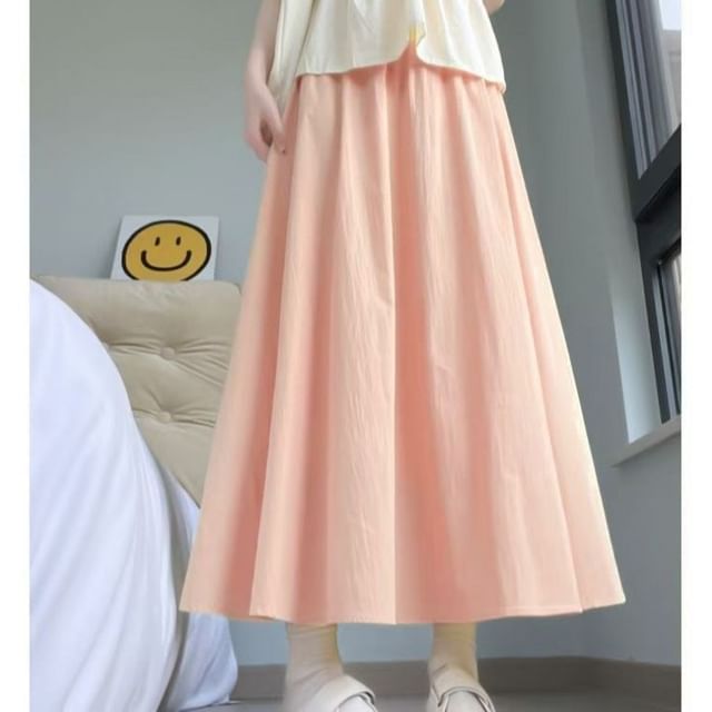 Sisyphi-High Rise Plain Midi A-Line Skirt