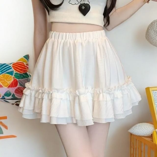 Sisyphi-High Rise Plain Ruffled Mini A-Line Skirt