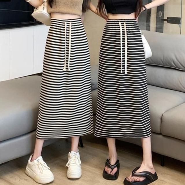 Sisyphi-High Rise Striped Midi A-Line Skirt