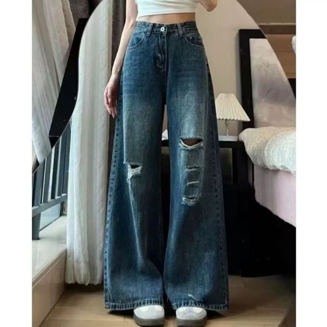 Sisyphi-High Rise Washed Ripped Wide Leg Jeans