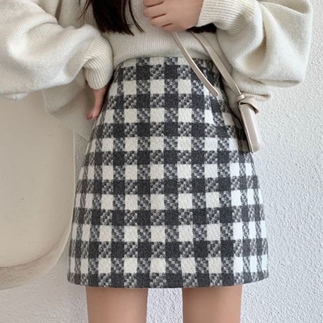 Sisyphi-High Waist Gingham Mini Pencil Skirt