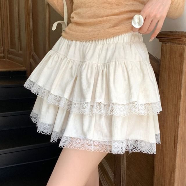 Sisyphi-High Waist Lace Trim Mini Tiered Skort