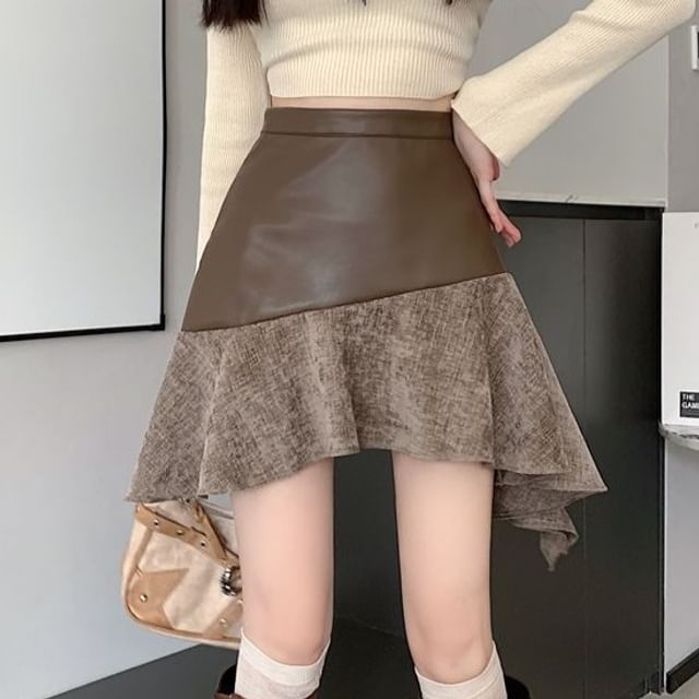 Sisyphi-High Waist Patchwork Asymmetrical Mini A-Line Skirt