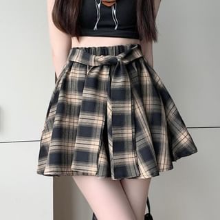 Sisyphi-High Waist Plaid Mini A-Line Skirt