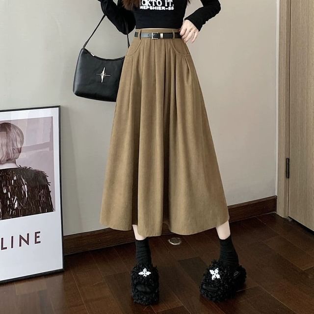 Sisyphi-High Waist Plain Corduroy Midi A-Line Skirt