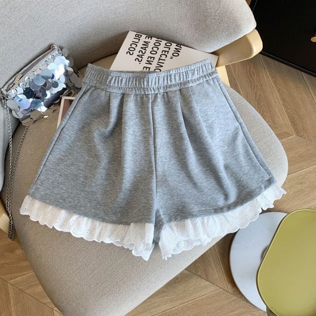 Sisyphi-High Waist Plain Eyelet Lace Trim Shorts