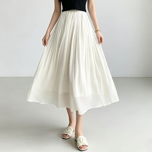 Sisyphi-High Waist Plain Midi Pleated Skirt