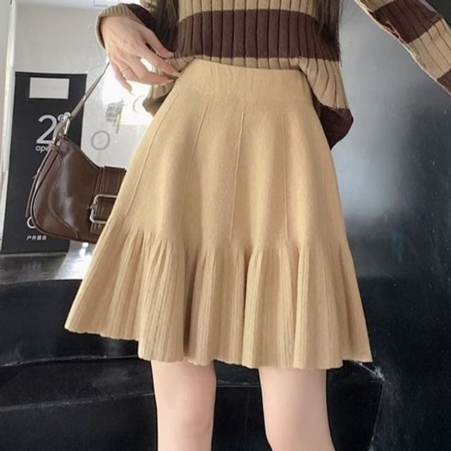 Sisyphi-High Waist Plain Mini A-Line Knit Skirt
