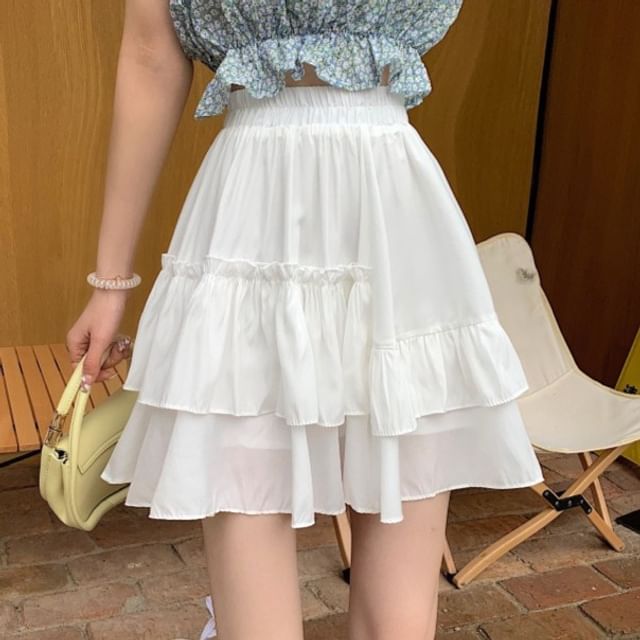 Sisyphi-High Waist Plain Mini A-Line Layered Ruffled Skirt