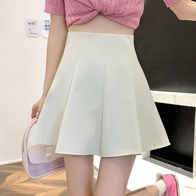Sisyphi-High Waist Plain Mini A-Line Skirt