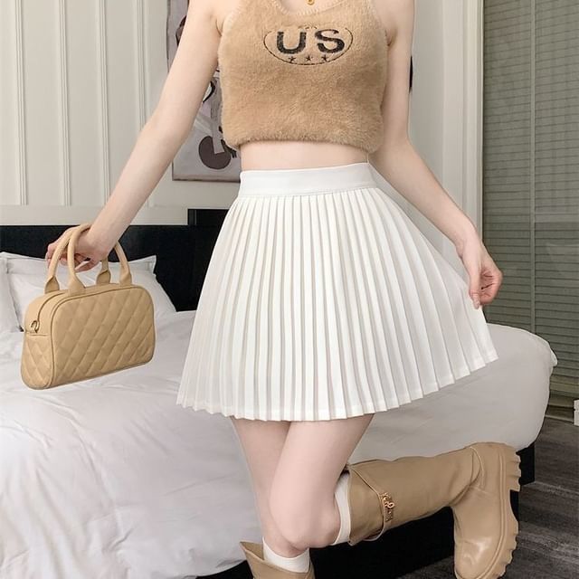 Sisyphi-High Waist Plain Mini Pleated Skirt
