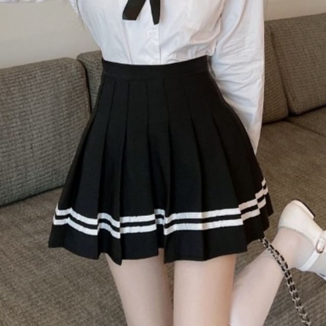 Sisyphi-High Waist Striped Mini Pleated Skirt