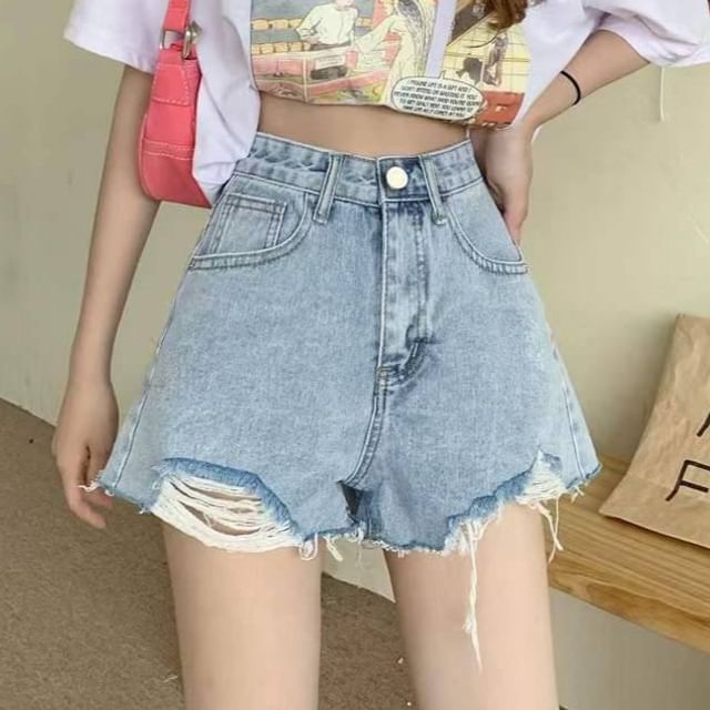 Sisyphi-High Waist Washed Distressed Denim Shorts